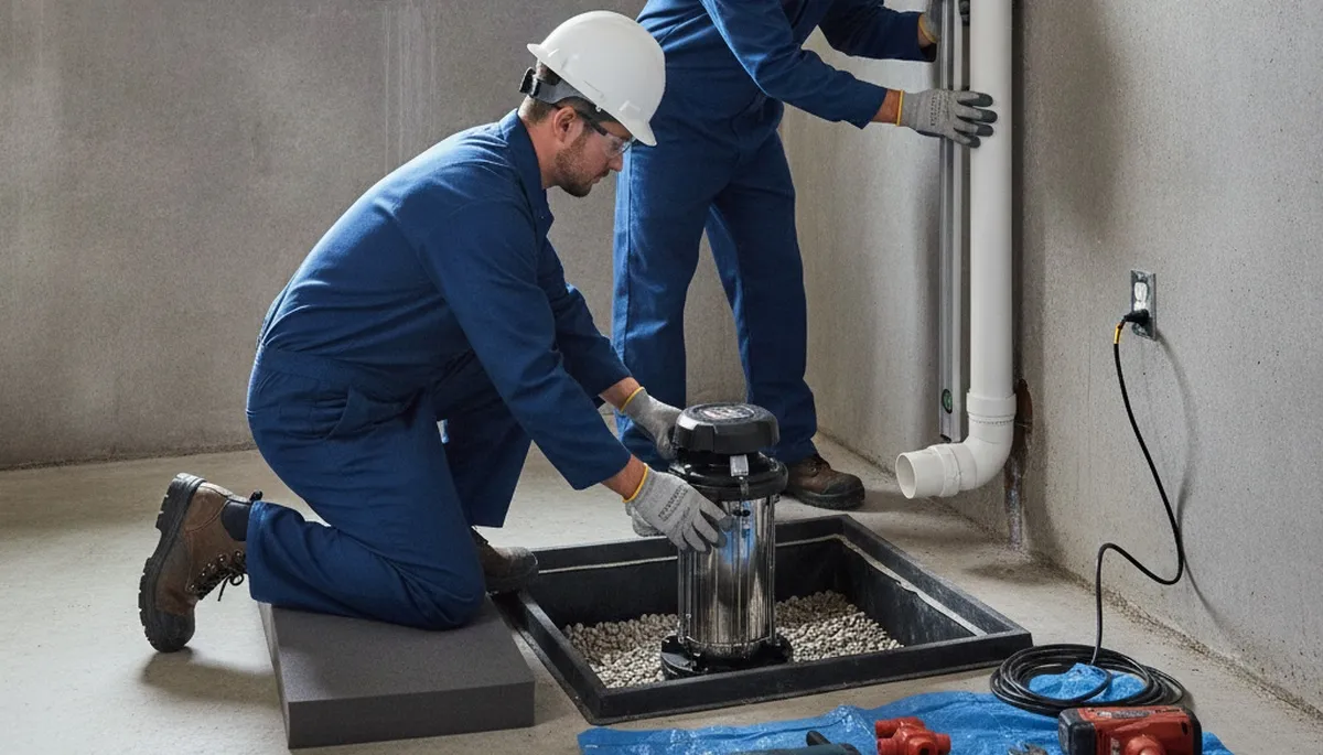 Sump pump installation by Fort Wayne, IN plumbers for home flood protection